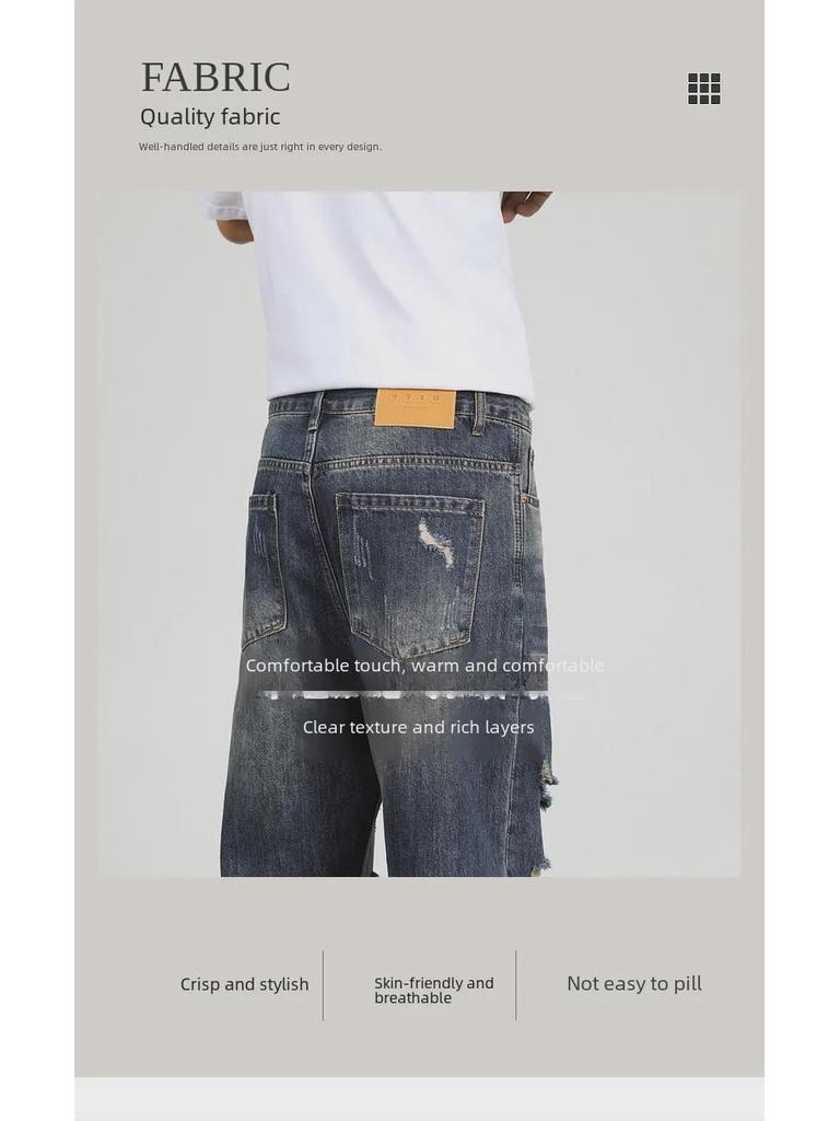Jeans da uomo alla moda effetto used a nove punti: Casual, Strappato, Ampio, Vestibilità Affusolata per Primavera & Autunno