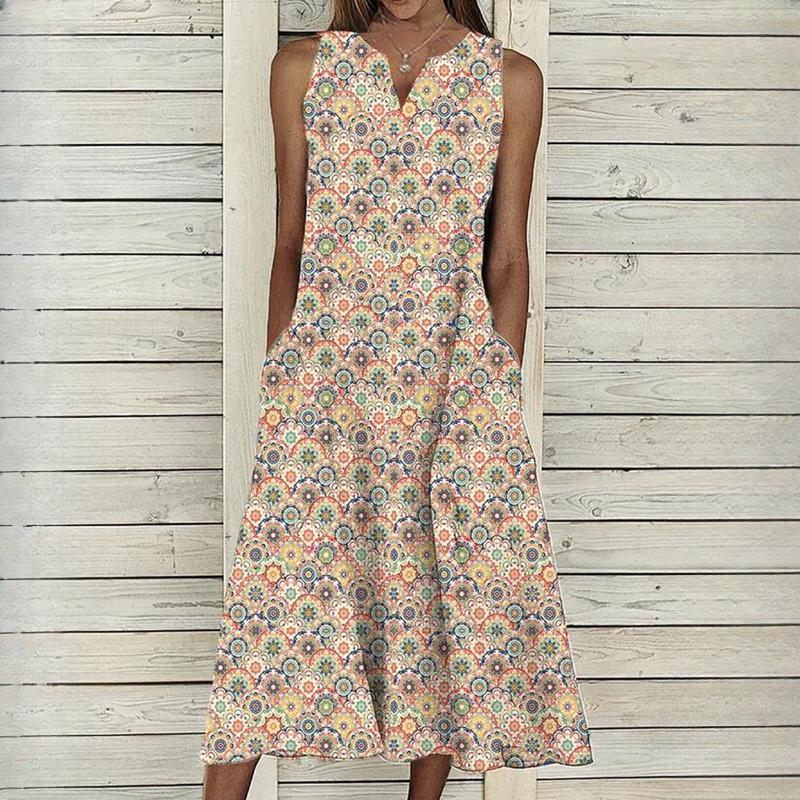 IHUASU Women's Summer Digital Printed V-Neck Floral Long Loose Sleeveless Women's Dresses