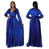 Autumn Winter New Women's V-Neck Lantern Sleeve Tie-Waist Pleated Dress Long Satin Gown Pleated Dress Long Skirt
