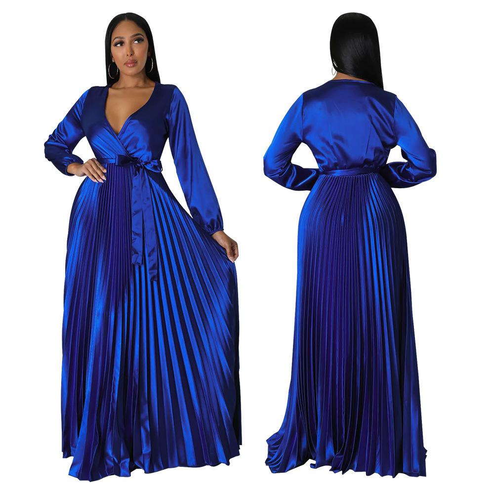 Autumn Winter New Women's V-Neck Lantern Sleeve Tie-Waist Pleated Dress Long Satin Gown Pleated Dress Long Skirt
