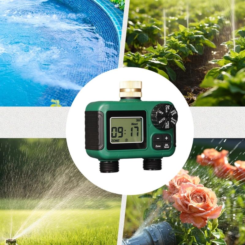 Robust Vattentät Dubbelzons Trädgårdsvattningstimer Mässingsinlopp Automatisk Sprinklerkontroller Med LCD-skärm