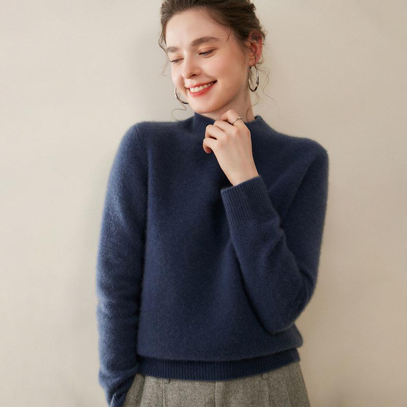 Women's Thickened Cashmere Long Sleeve Pullover - Half-High Neck, 100% Pure Knit for Autumn/Winter