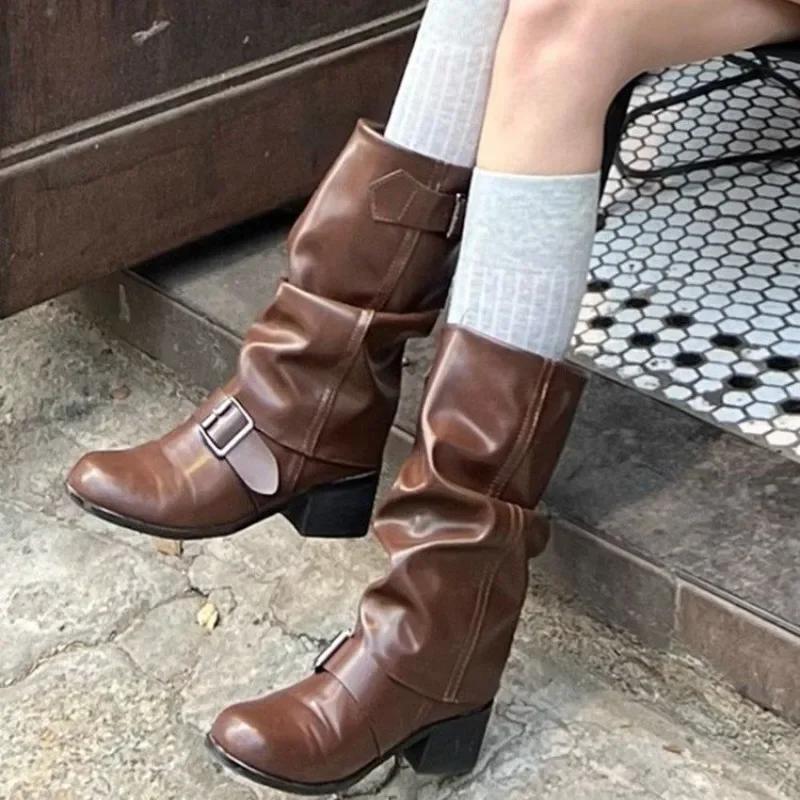 Fashion 2024 New Spring and Autumn Women's Boots Fashion Square Toe Medium Heel Solid Color Glossy Buckle Sleeve Women's High Boots