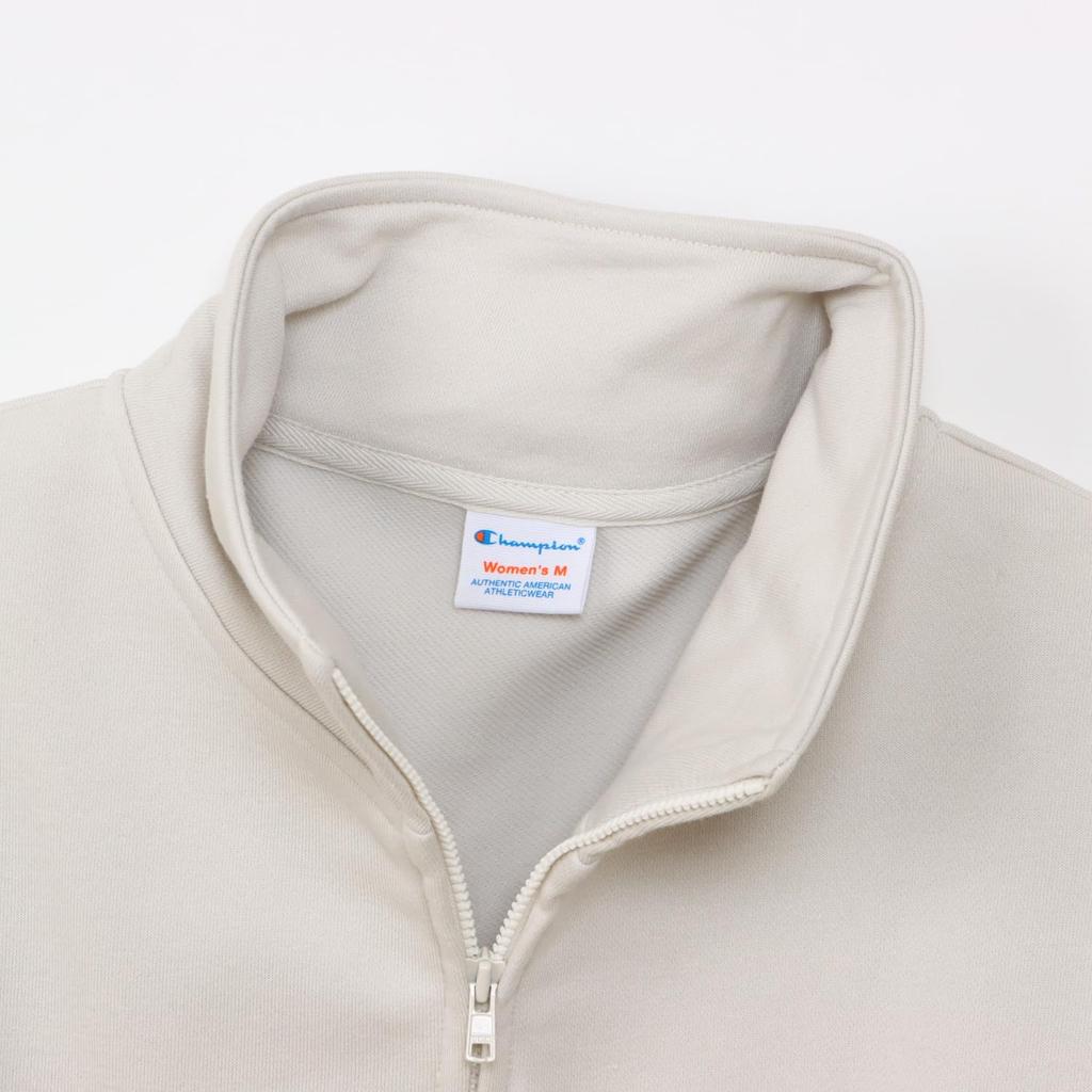 Champion TECH TERRY HALF ZIP SWEATSHIRT Pale Long Crew Stretch USA Script Logo Embroidery Women's WEAVE(R) (CW-BS001), White, Sleeve, Neck,