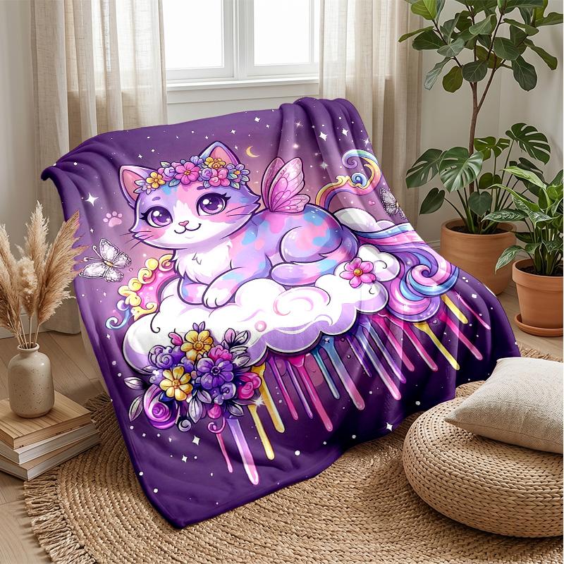 Fantasy Cat Flowers Sky Theme blanket Lightweight Warm Flannel Blanket Decorative Throw Blanket for Home Decoration
