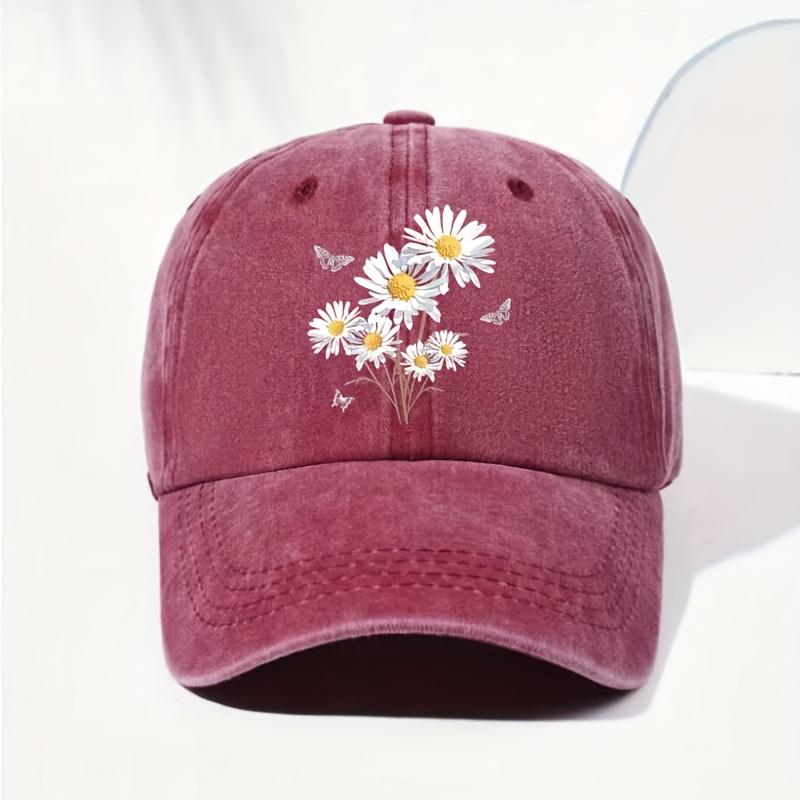 Unisex Vintage Gewaschene Baseballkappe Verstellbar Leicht Atmungsaktiv Dad Hat mit Gänseblümchen Schmetterling Print Design