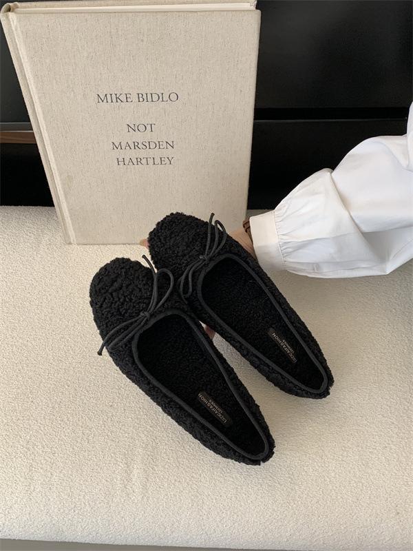 2025 höst och vinter nya ullskor dam lammull rosett låg skärning sammet mormorsskor enkla skor