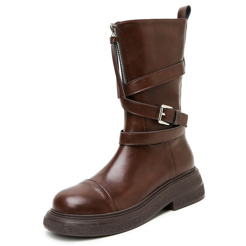 Autumn Maillard Brown Short Boots Women's Platform Martin Boots Retro Folded Medium Boots Handsome Locomotive Boots