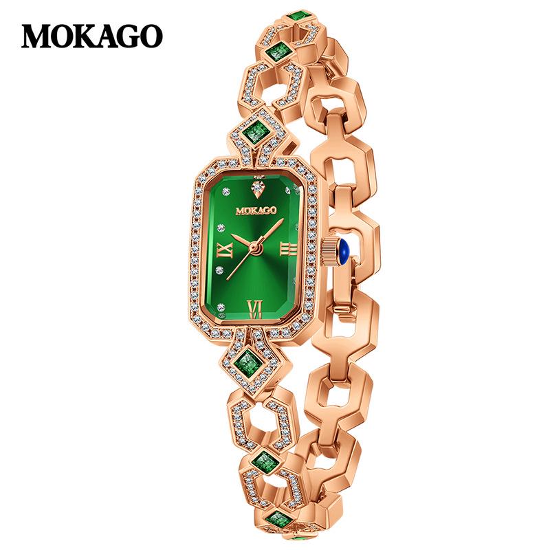 Mokga Women's Exquisite Rectangular Copper Bracelet Watch with Inlaid Diamond & Mother-of-Pearl, Waterproof Sunray Quartz Design.