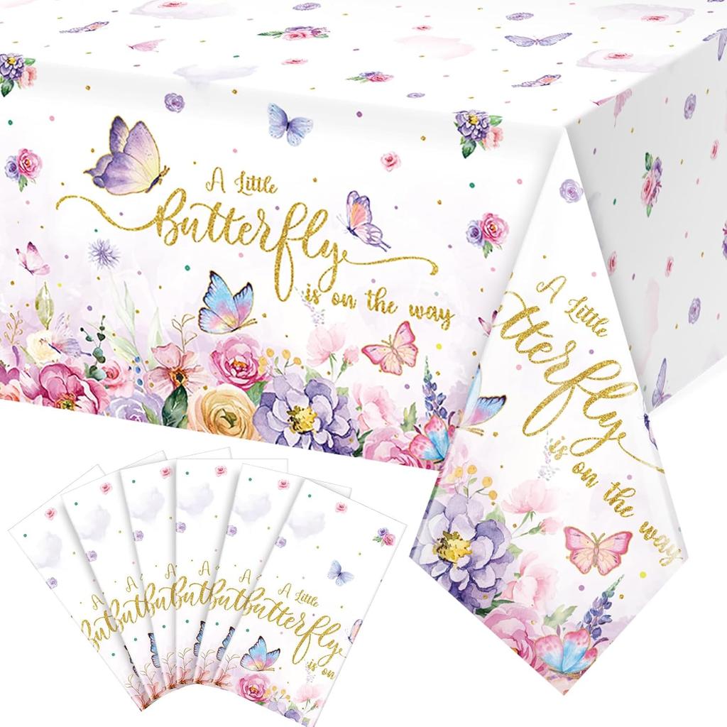 FunnyPars 3 Pack Butterfly Baby Shower Tablecloth, Little Butterfly is On The Way Baby Shower Decorations, Plastic Disposable Rectangle Watercolor