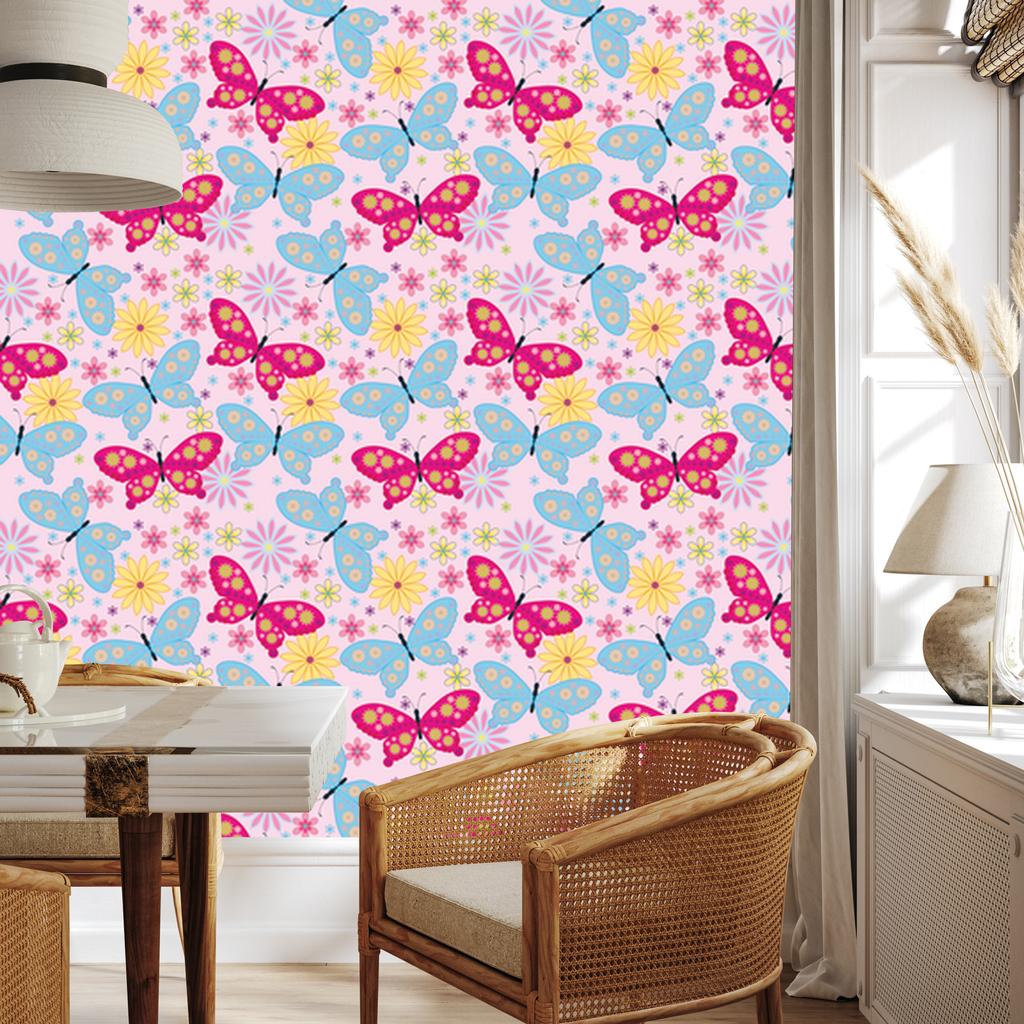 Wallpaper Colorful Butterflies Flowers Plants for Living Room and Bedroom 50x1000