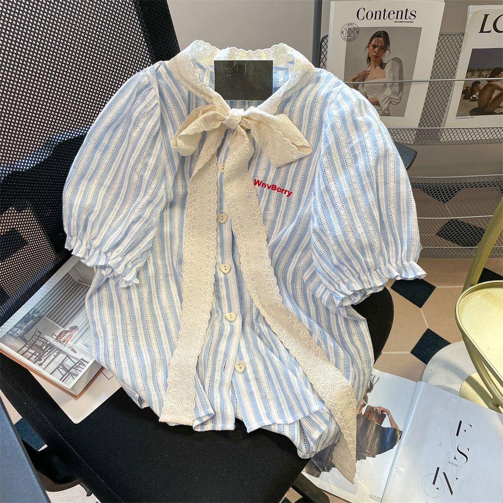 

Женская полосатая рубашка с французским кружевом и бантом в корейском стиле с рукавами-фонариками, летний контрастный модный топ с короткими рукавами 2XL