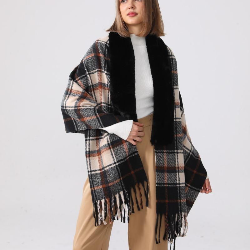 Autumn and winter new cashmere plaid warm shawl Maillard fringed couple versatile niche women's cape scarf