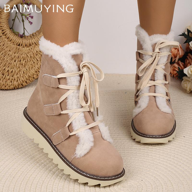 Fur Flats Women Snow Ankle Boots Suede Lace Up Casual Shoes Short Plush Cotton Boots 2025 Trend Winter Warm Non-slip Botas Mujer
