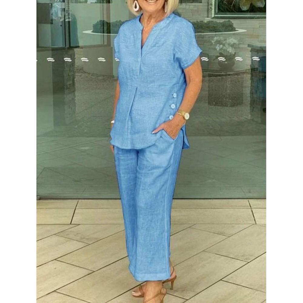 Fashion Cotton Linen Short Sleeved Women Shirt Pants Suit Spring Summer Simple Casual Pocket Pants Female Office 2 Piece Set
