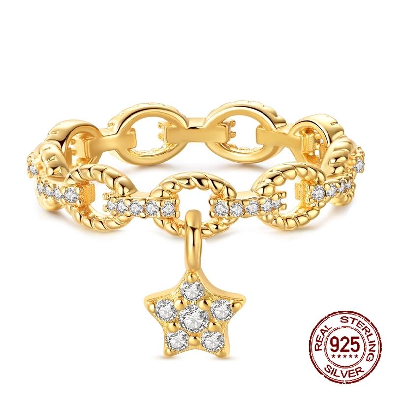 Original 925 Sterling Silver Golden Star Chain Rings for Women Girls Jewelry Birthday Anniversary Gifts