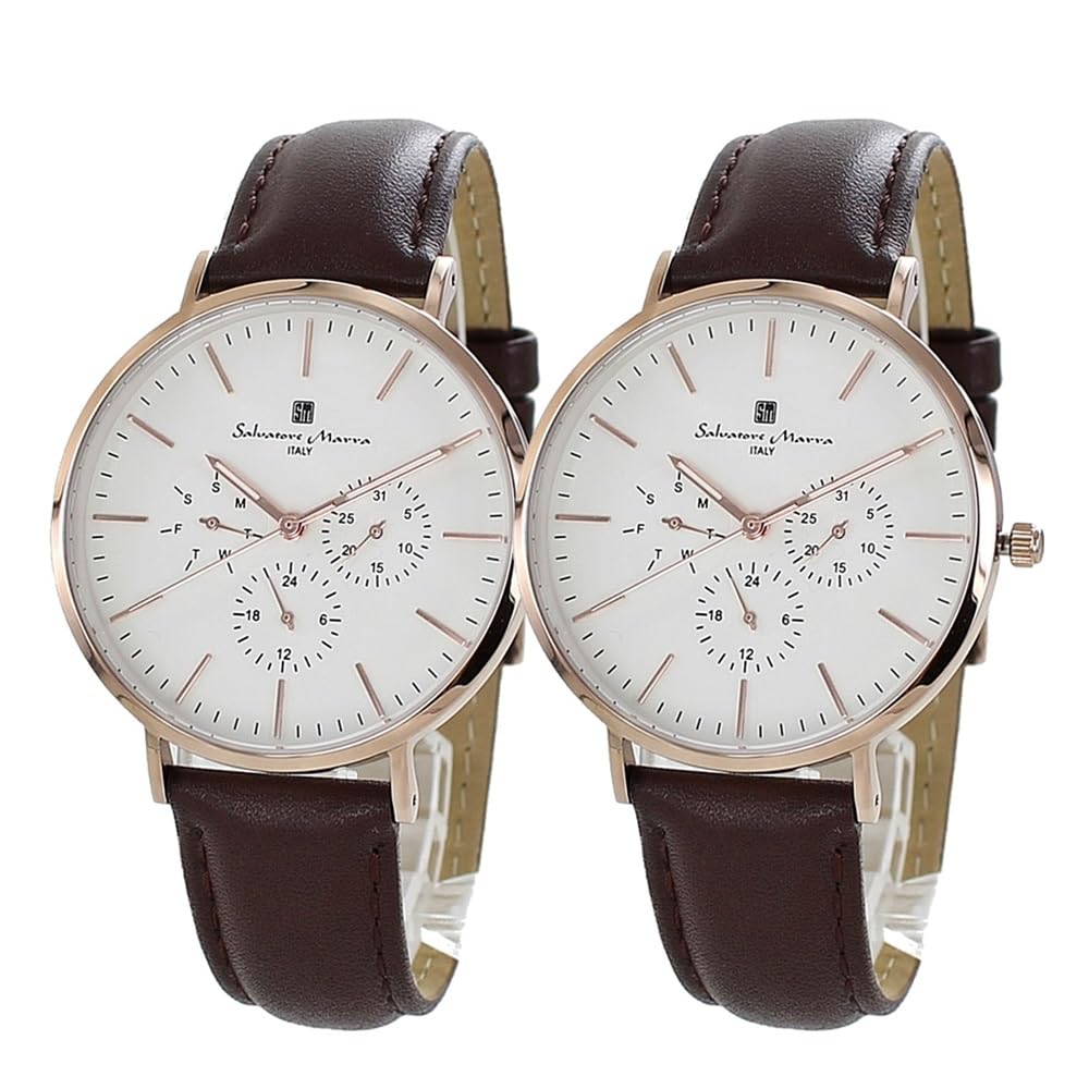 Salvatore Marra Pair Watch Set with Storage Box SM22102-PGWH Unisex White & Brown Leather Calendar Display