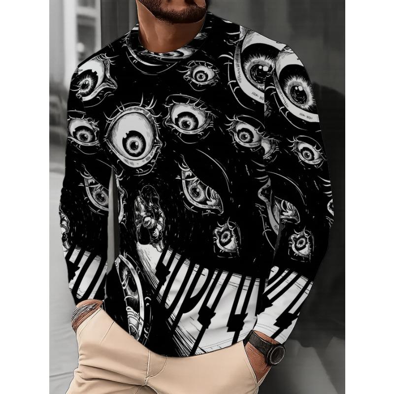 Men s Crew Neck Long Sleeve Sweatshirt with Abstract Eye Pattern Fashion Trend Casual Pullover S