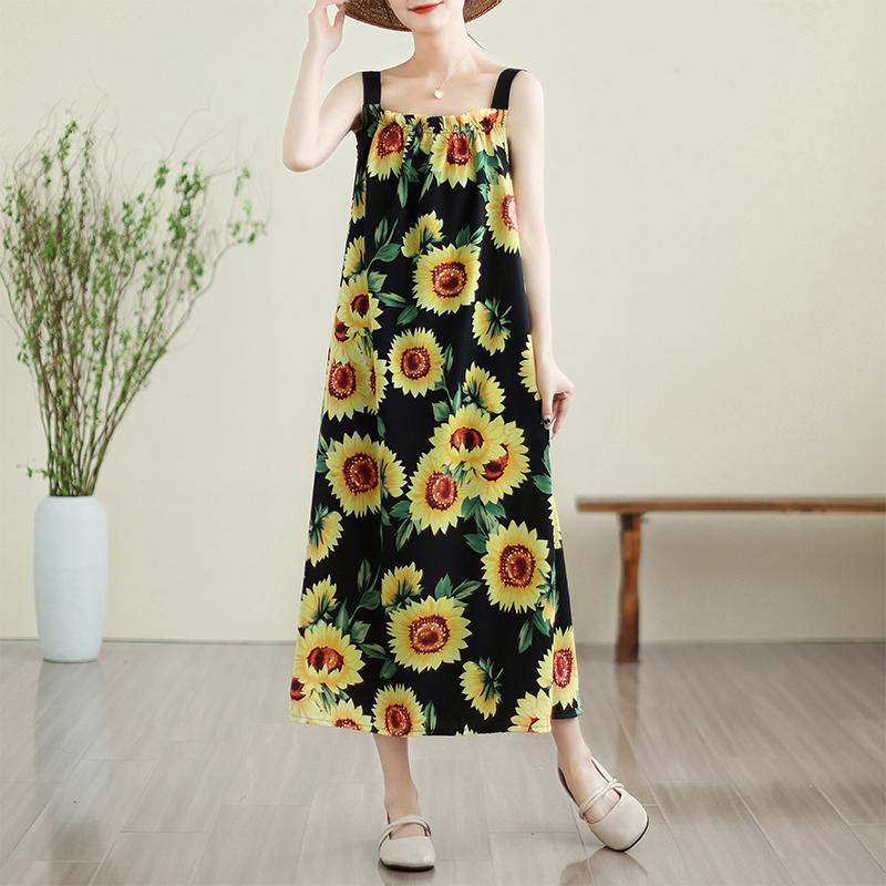 Sleeveless Strap Plus Size Chiffon Vintage Floral New In Dresses For Women Casual Loose Long Summer Dress