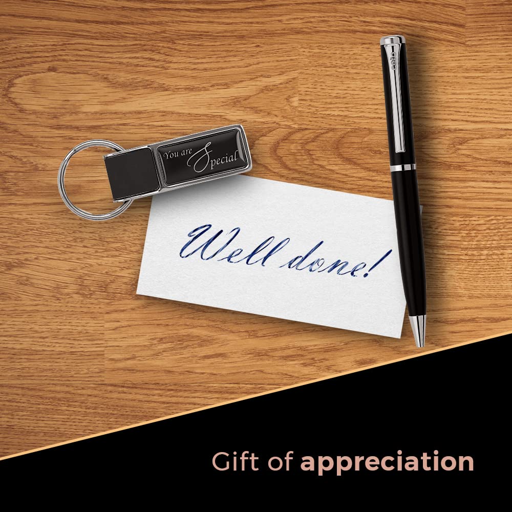 Cello Signature Professional Gift Set Blue Ball Pen With Metal Keychain Black Silver Finish For Office And Gifting