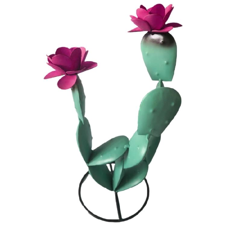 Rustic Metal Art Sculpture Cactus Metal Statue with Flowers  Handmade
