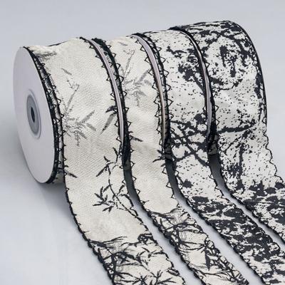 Chinese Style Landscape Ink Bamboo Printing and Dyeing Imitation Hemp Ribbon Handmade Diy Bow Ribbon Gift Cake Packaging Ribbon Home Decoration