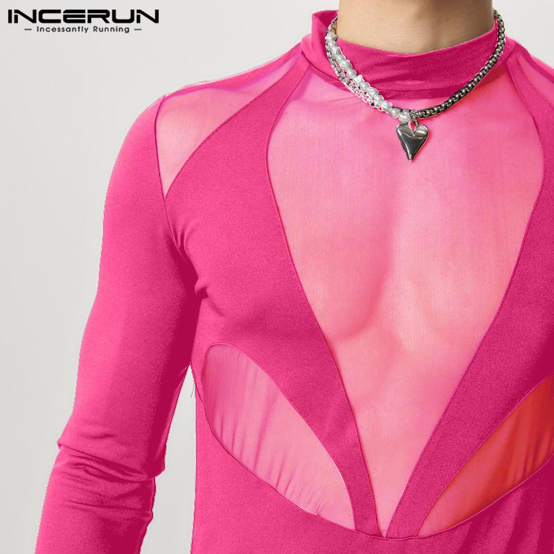 INCERUN Men Long Sleeve Mesh Sheer Patchwork Bodysuits See Through Club Playsuits