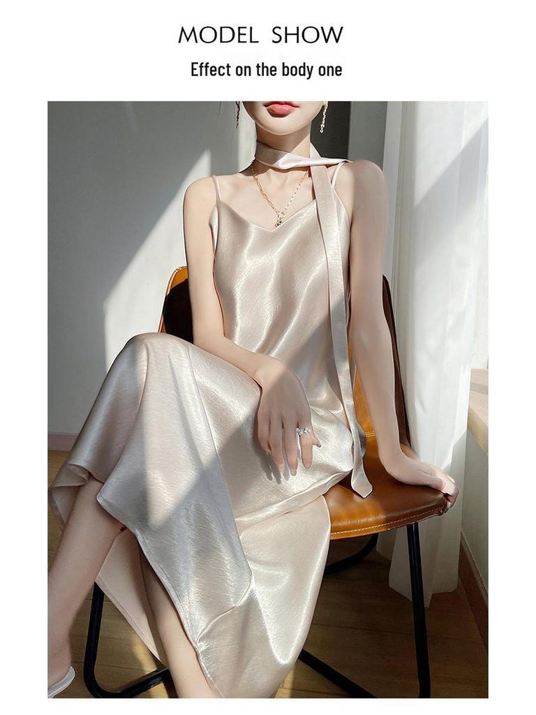 Elegant French V-Neck Spaghetti Strap Satin Dress with Slimming Design