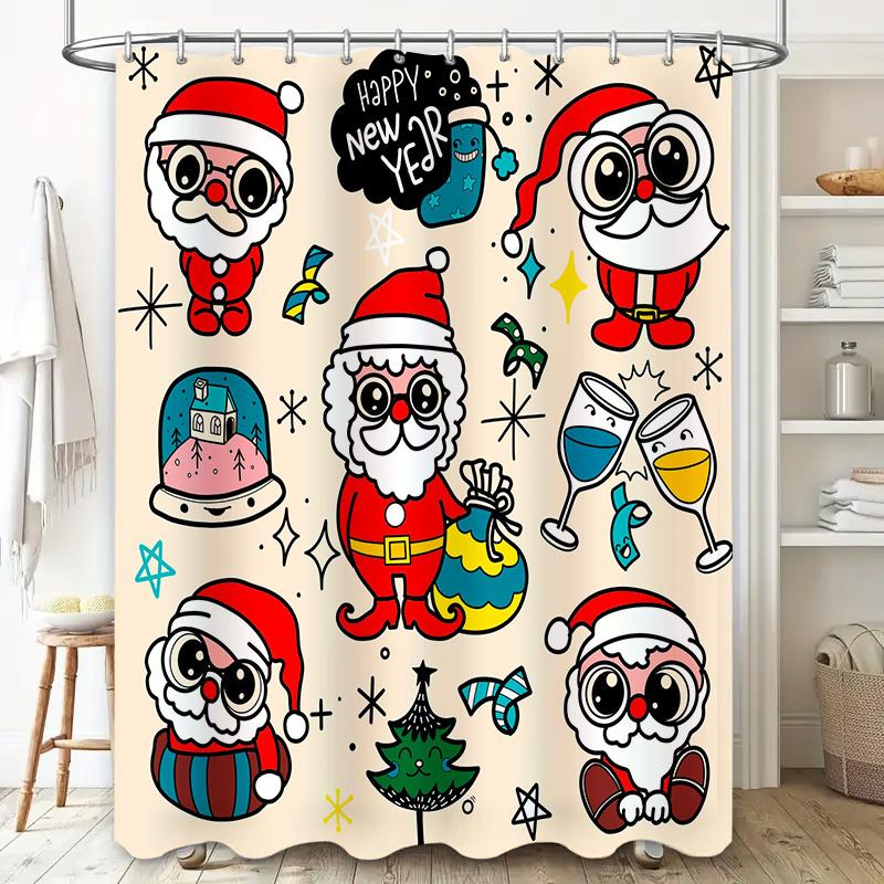 Whimsical Santa Claus Christmas Shower Curtain Set for Home Decor Happy New Year Party Decoration Gifts Idea