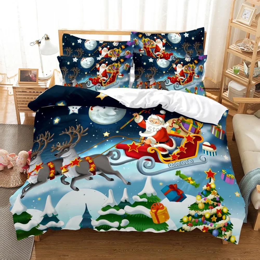 Happy New Year Duvet Cover Set Soft and Breathable Home Decoration Cartoon Santa Claus Reindeer Merry Christmas Bedding Set