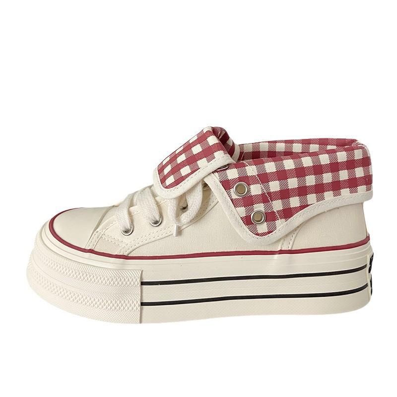Niche Design Plaid High-top Flip Canvas Shoes Women's Spring and Autumn Popular Thick-soled Casual Breathable Versatile Board Shoes