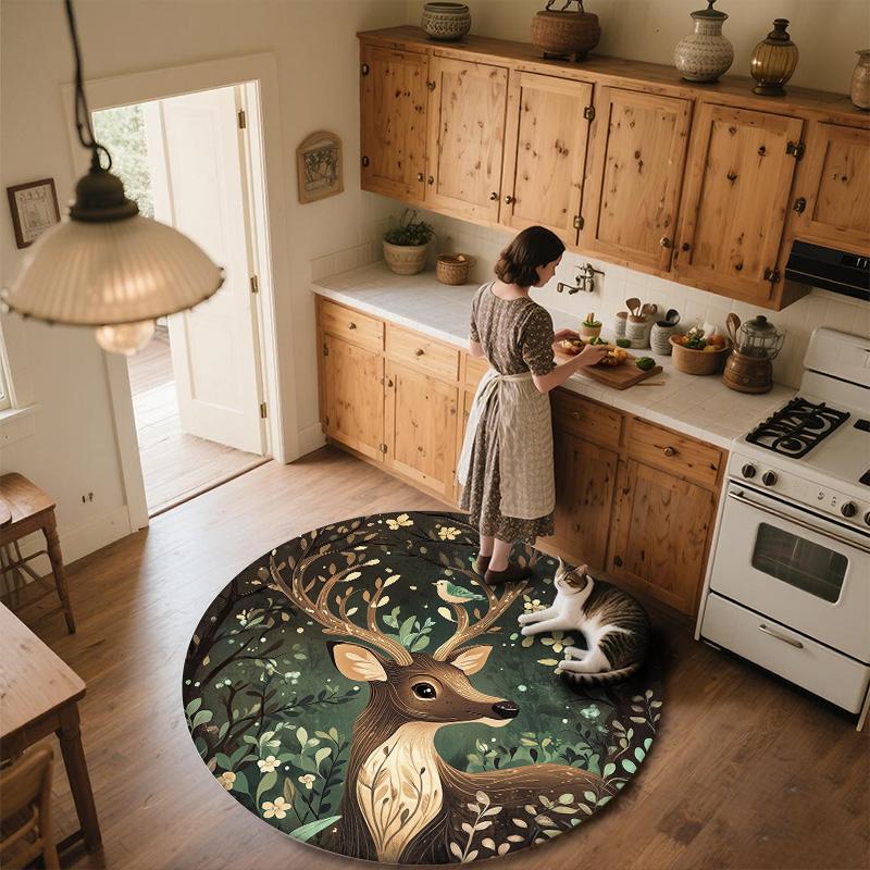 Forest Deer,Round Area Rug,Carpet Rug for Living Room Bedroom Sofa Playroom Decor,Non-slip Floor Mat