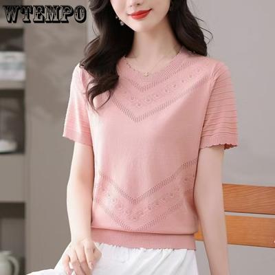 Sommer Rundhals Aushöhlen Eis Seide Strickshirt für Damen Damen Kurzarm T-Shirt Lockeres Oberteil