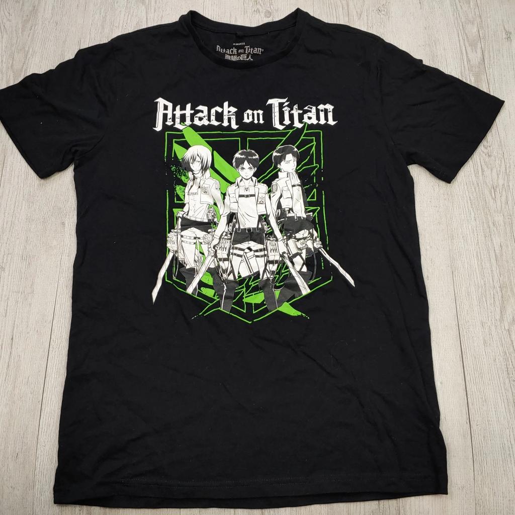 Attack On Titan Black Anime Graphic T-Shirt Size S Mikasa Eren Levi Green Print