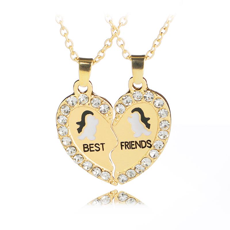 Rhinestone Heart Necklace: European & American Heart Metal Pendant with Best Friend Letter