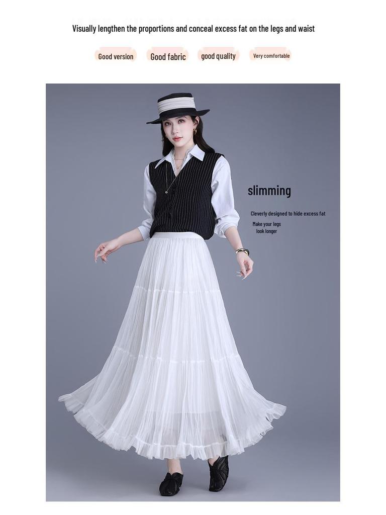 Women's 2026 Retro Ruffled Pleated Mesh Skirt - Slimming Elastic Waist, Early Spring