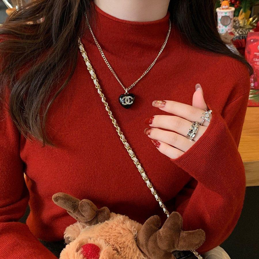 Women's 2024 Black Mock Neck Sweater: Base Layer for Spring & Autumn, Loose Half-High Neck Top.