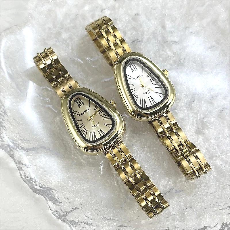 Damen Quarz Uhr mit unregelmäßigem Zifferblatt in Schlangenkopf-Optik, Edelstahlarmband, Armbanduhr, Mode, Luxusuhr
