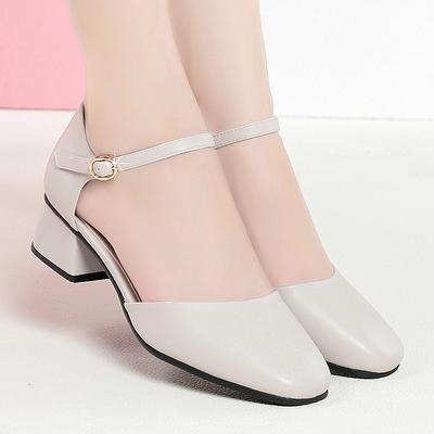 Sandales d'été à bout fermé pour femme, chaussures basses à talons épais unis, chaussures coréennes confortables à talons moyens