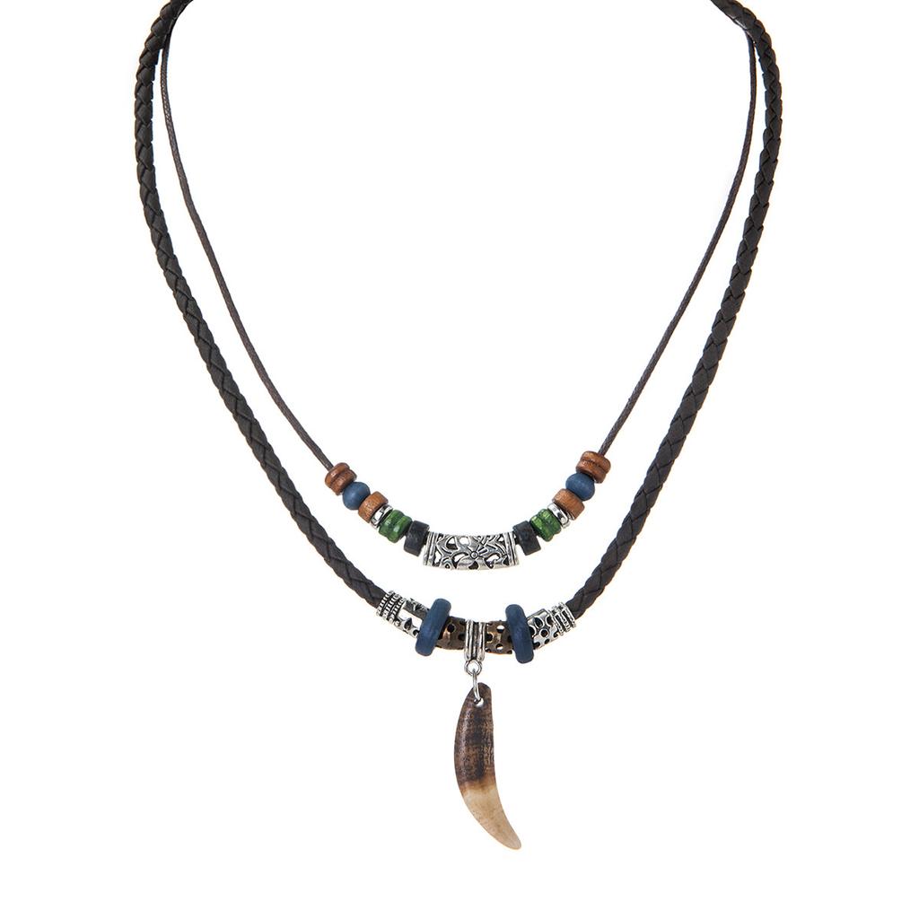 Vintage Style Alloy Cross Love Arrow Wolf Tooth Pendant Tibetan Silver Beaded Waterproof Wax Line Leather Rope Men's Necklace