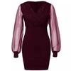 Vestito Sexy Scollo a V Trasparente Manica Lunga Donna Primavera Autunno Festa Mini Abiti Vestidos