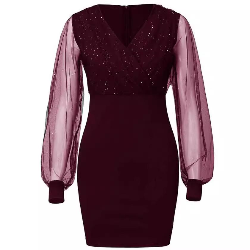 Vestito Sexy Scollo a V Trasparente Manica Lunga Donna Primavera Autunno Festa Mini Abiti Vestidos