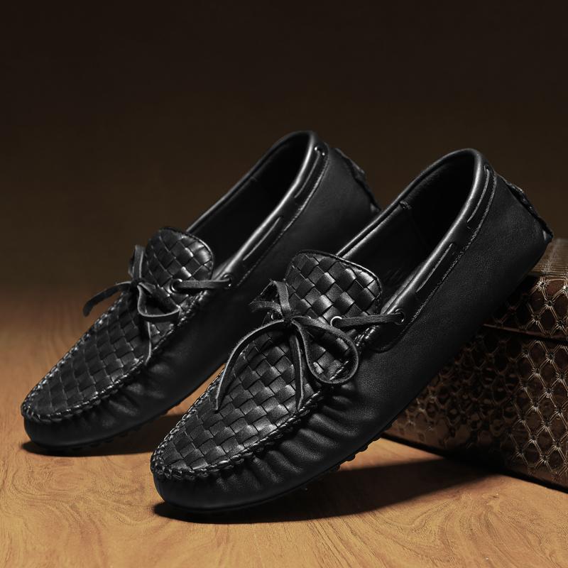 Genuine Leather Casual Shoes Men Summer Luxury Flats Mens Loafers High Quality Slip On Black Weave Office Handmade Driving Shoes