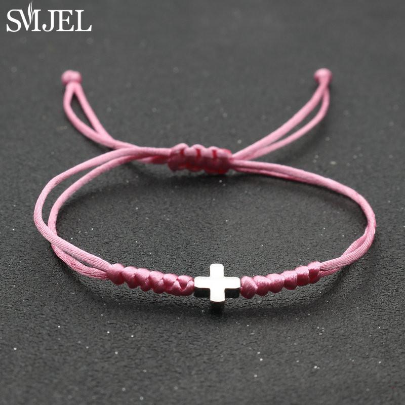 Vintage Tiny Cross Charm Handmade Adjustable Braided Bracelet for Women Lucky Black Red Rope Chain Bracelets New Year Gifts