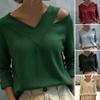 Women T-shirt V-Neck Off Shoulder Long Sleeve Pullover Tops Pure Color Loose Fit Summer Casual Shirt Daily