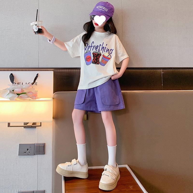 Children' Set Girls Summer Shorts Sports Suit New Sty Teteenager Girls Cartoon T-shirt Shorts Two-piece Suit Trendy