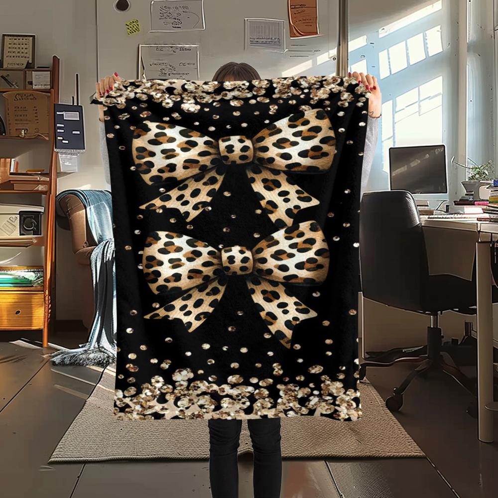 1Pc Leopard Bow Print Flannel Blanket, High quality Comfortable for All Seasons, Home Decor, Warmth and Comfort, Perfect for Gifts