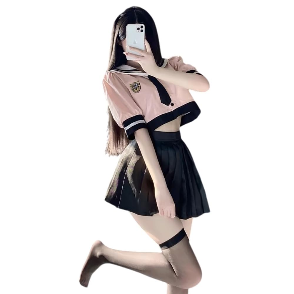 Sailor Sexy Navel JK Short High School Naughty Top and Bottom 4 Piece One Size [YAISHN] Uniform, Cosplay, Pink, Black, Baring, Exposure, Extreme,