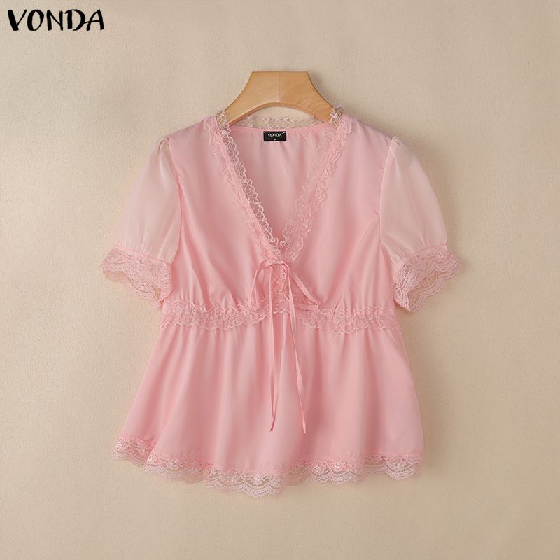 VONDA Women V Neck Short Sleeve Lace Hem Sheer Patchwork Casual Blouse Tops