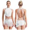 Womens Rhinestones Latin Dance Performance Gymnastics Figure Skating Costume Jazz Dance Outfits Tassels Adorned Leotard Bodysuit